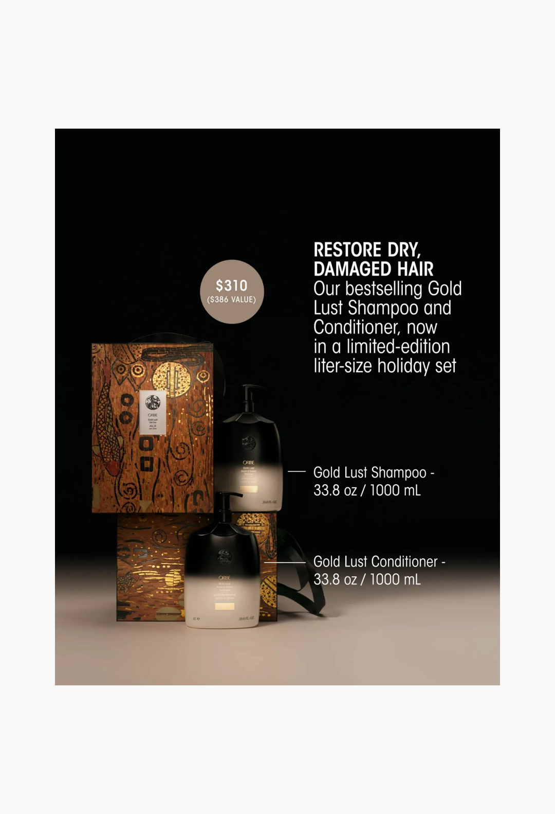 GLAM MODA Oribe Gold Lust shampoo and conditioner liter-size gift set in decorative gold and black holiday box