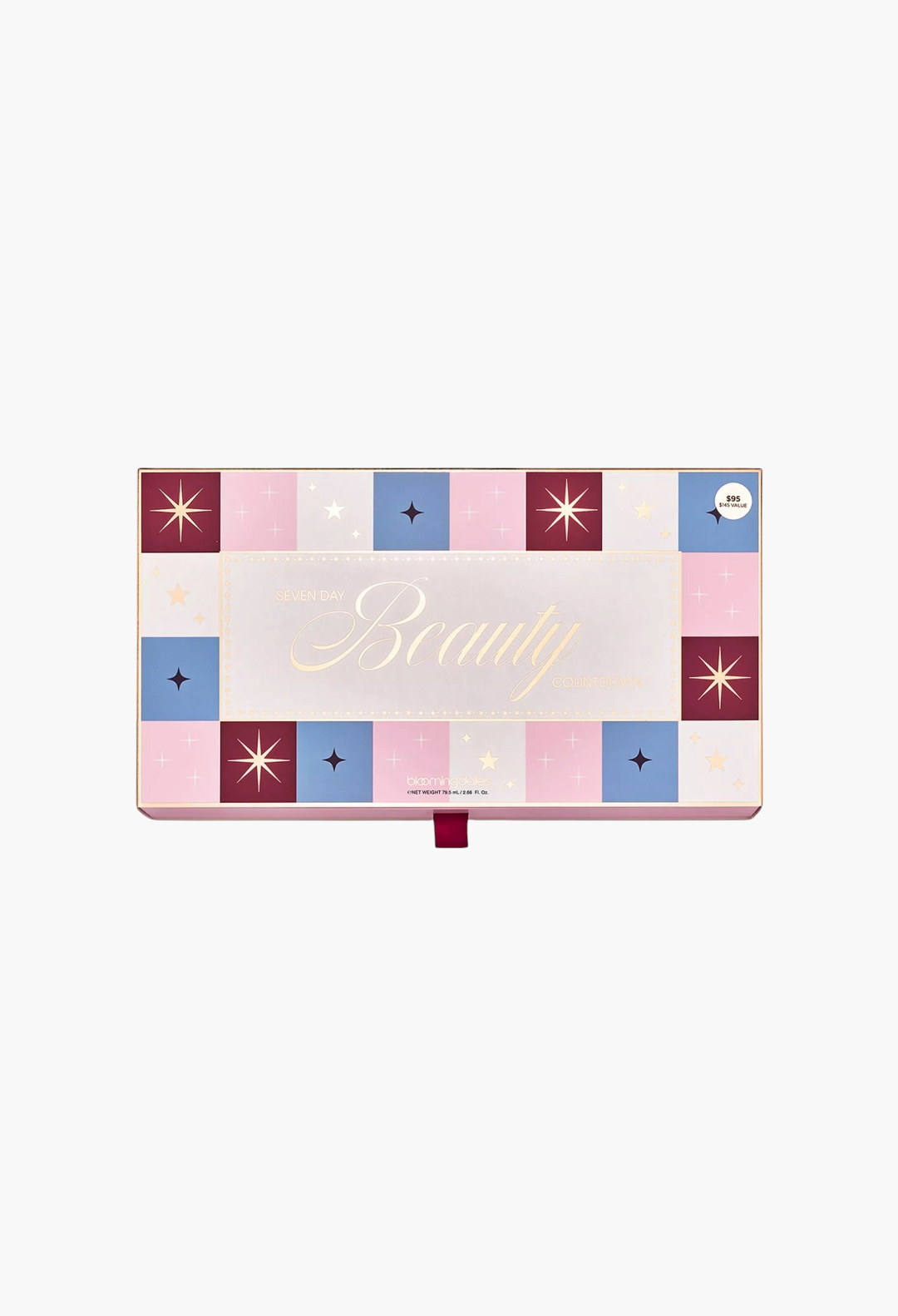 GLAM MODA 7 Day Beauty Countdown Advent Calendar gift box with festive pink, blue, and burgundy star pattern design.