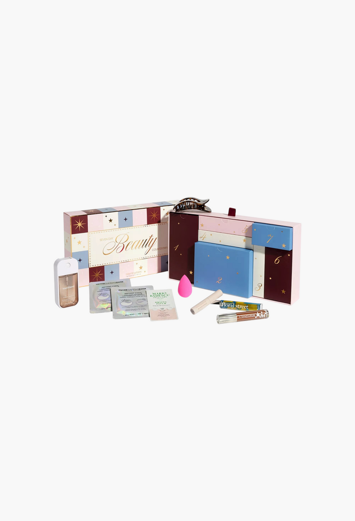 GLAM MODA 7 Day Beauty Countdown Advent Calendar gift set featuring skincare, makeup, fragrance, and hair accessories.