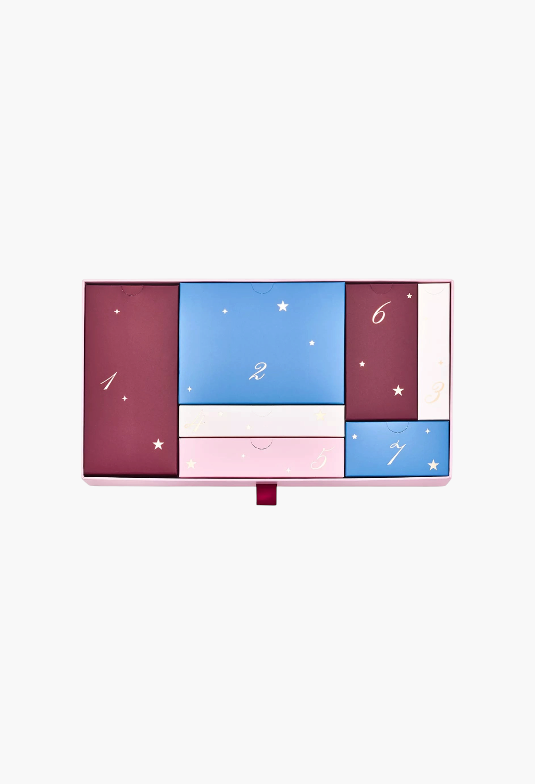GLAM MODA 7 Day Beauty Countdown Advent Calendar with numbered gift boxes in shades of burgundy, blue, and pink.