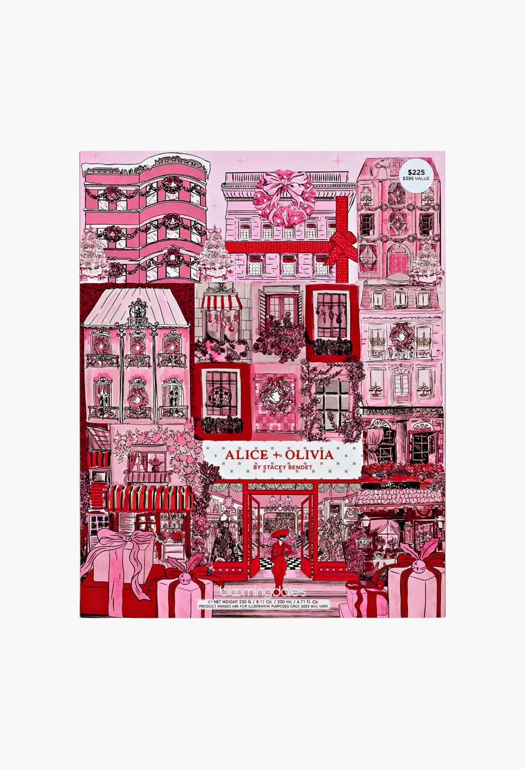 GLAM MODA Alice + Olivia 7-day beauty advent calendar featuring a festive pink and red illustrated holiday storefront.