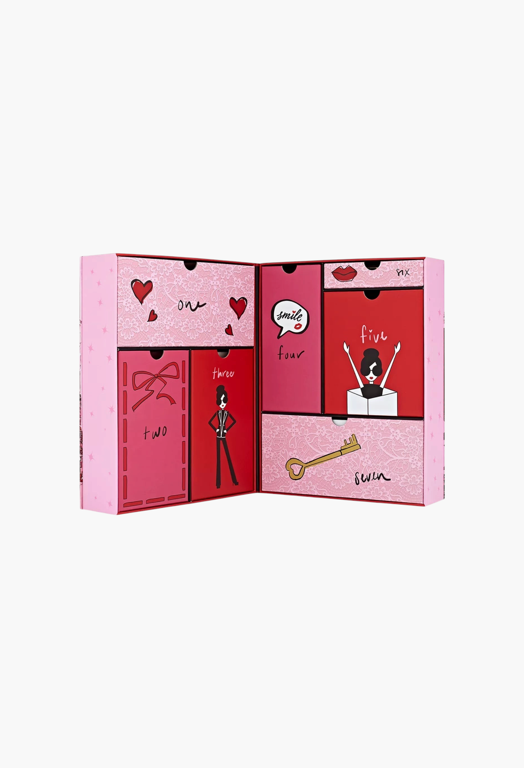 GLAM MODA Alice + Olivia 7-day beauty advent calendar with red and pink illustrated drawers and holiday motifs.