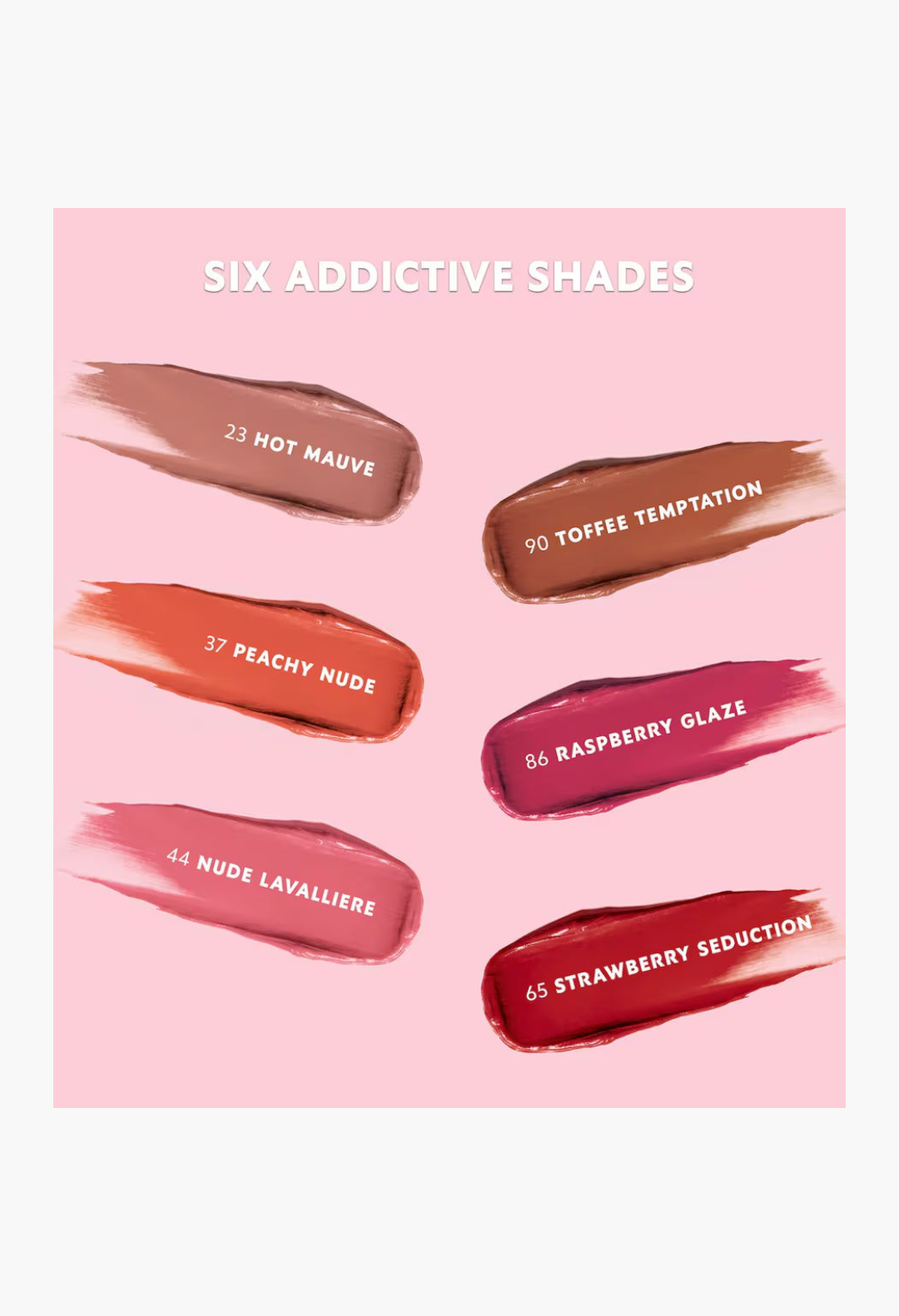 GLAM MODA Make Me Blush cream blush swatches in six vibrant shades including mauve, nude, and berry tones.