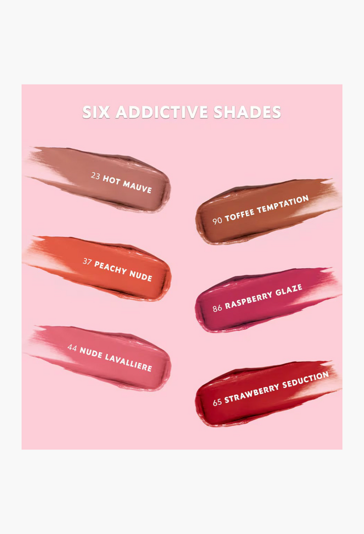 GLAM MODA Make Me Blush cream blush swatches in six vibrant shades including mauve, nude, and berry tones.