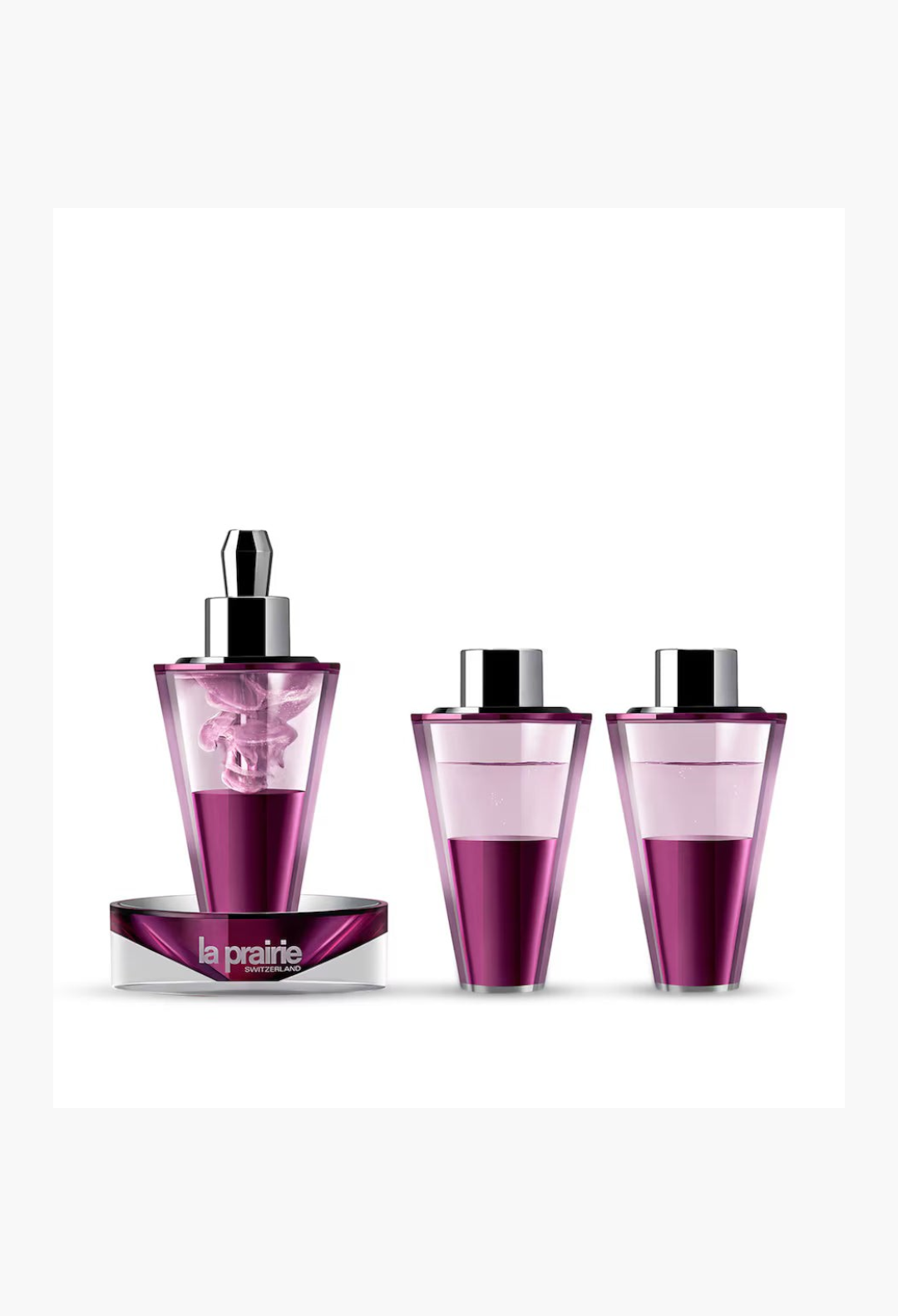 GLAM MODA La Prairie Platinum Rare Haute-Rejuvenation Protocol set with three purple serum vials and a catalyst base.