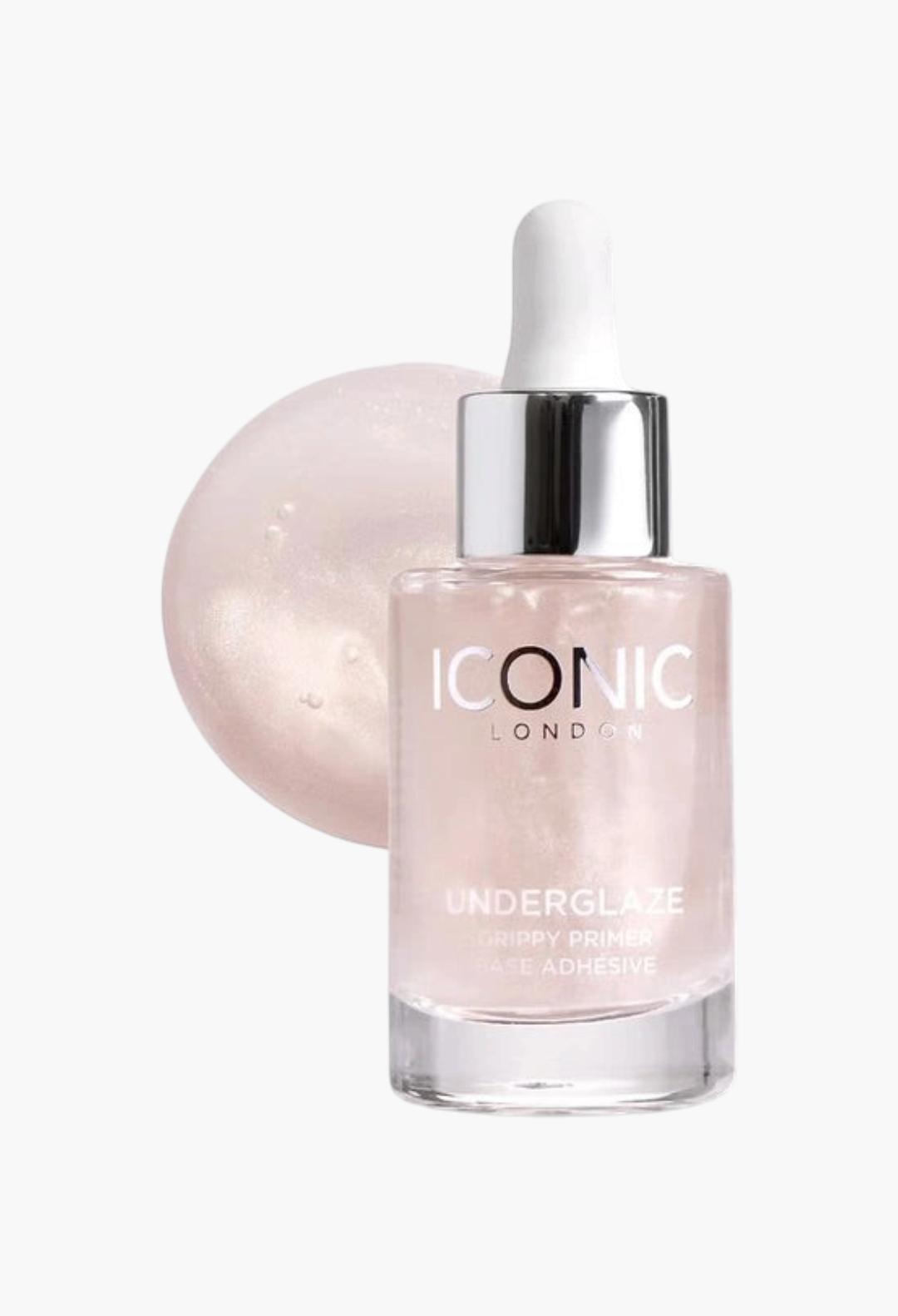 GLAM MODA ICONIC London Underglaze Grippy Primer in a glass dropper bottle with a luminous, dewy formula texture.