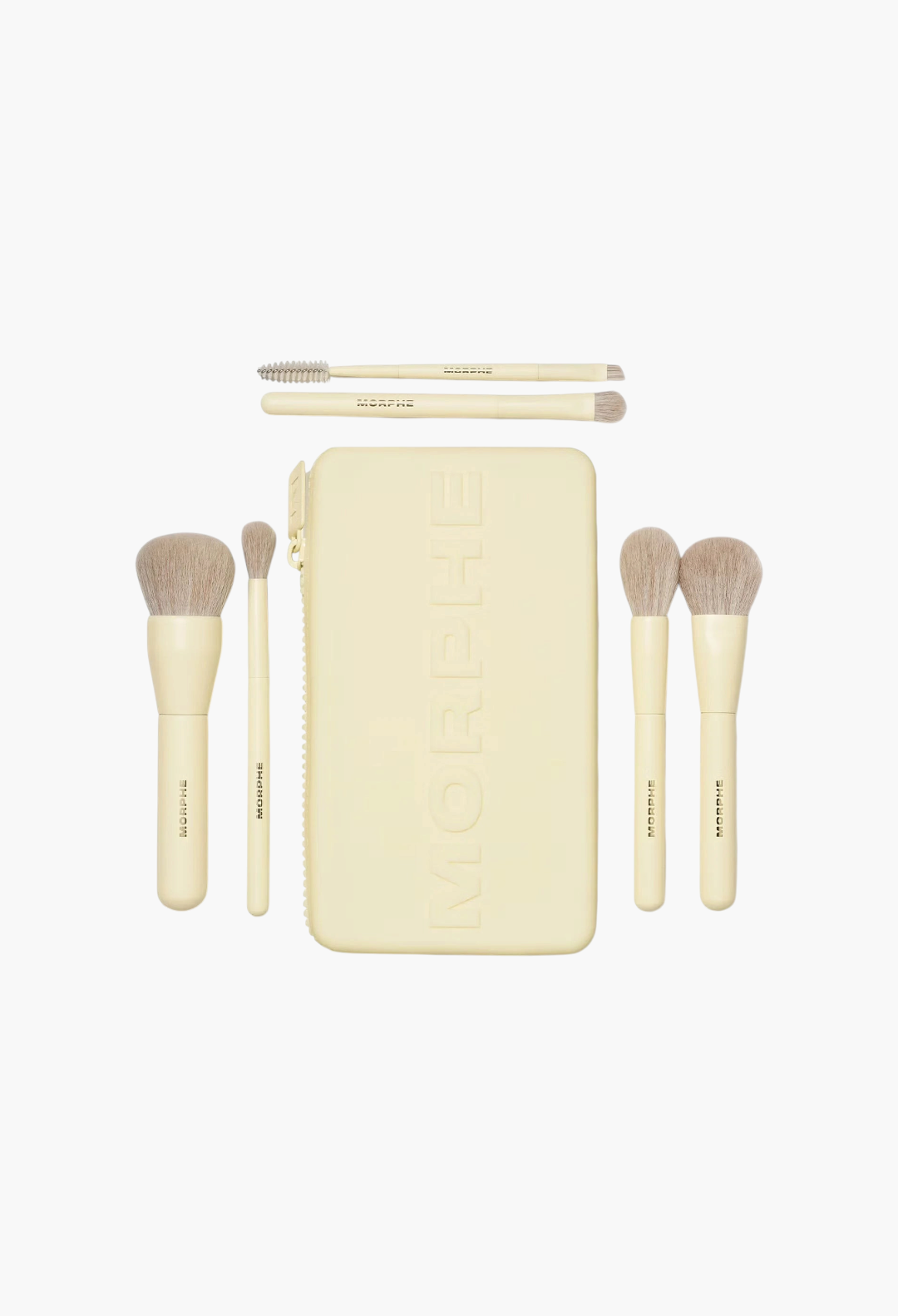 GLAM MODA Morphe Buttery Blends 6-piece travel makeup brush set in butter yellow with a matching zippered travel case.