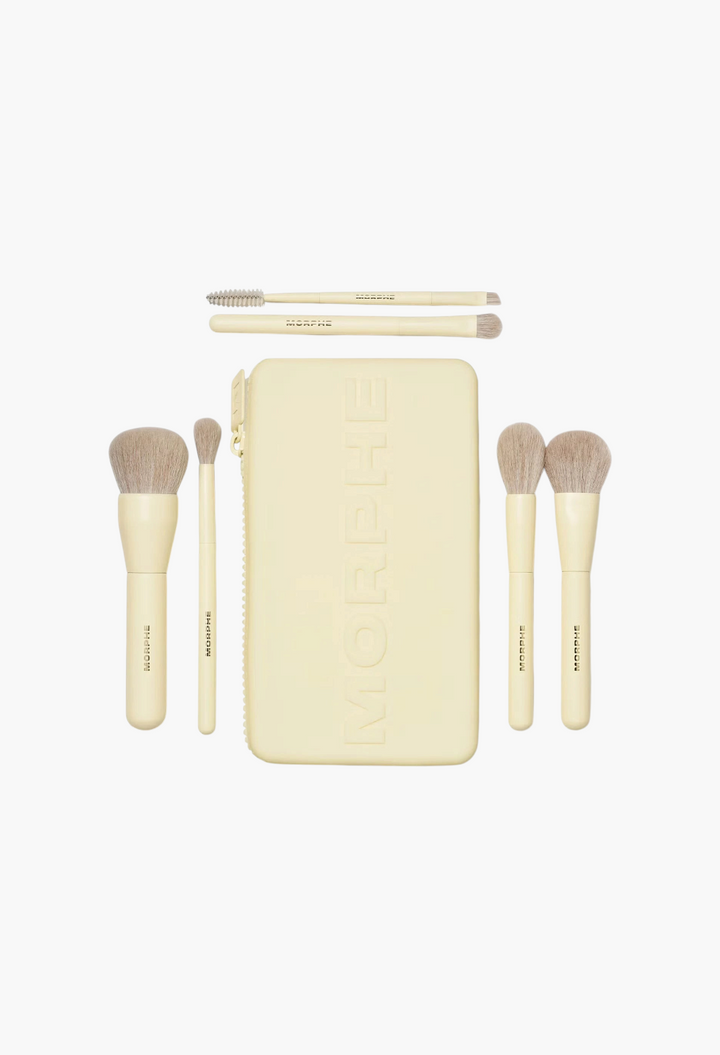 GLAM MODA Morphe Buttery Blends 6-piece travel makeup brush set in butter yellow with a matching zippered travel case.