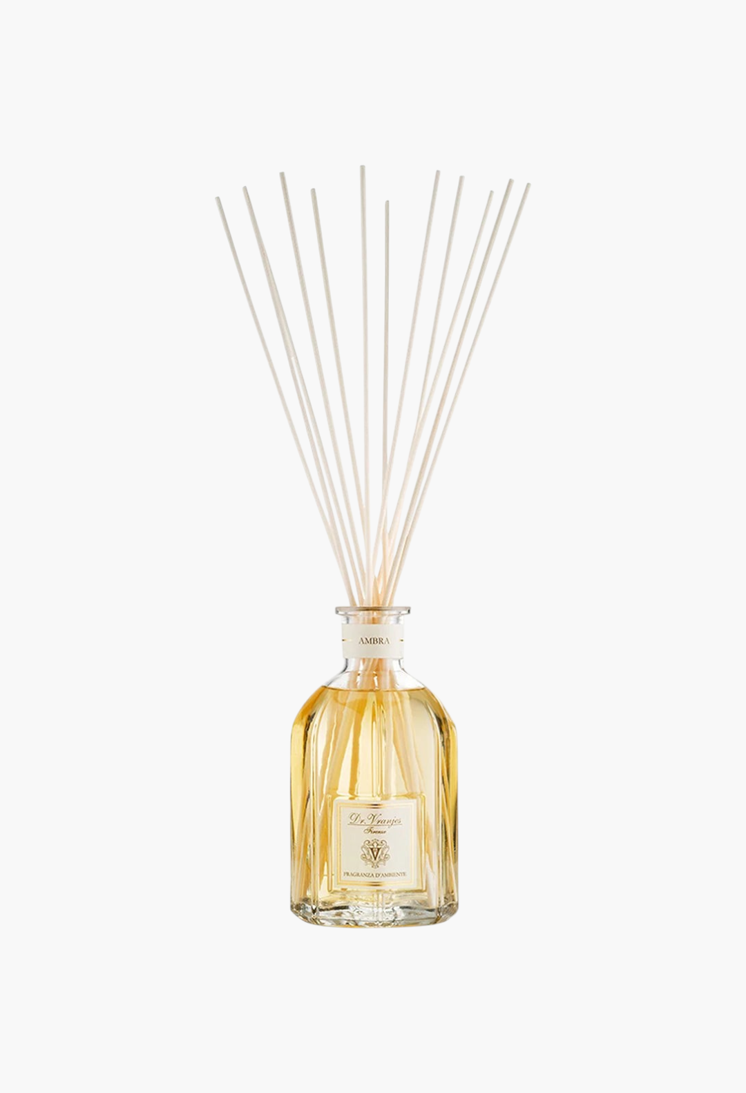 GLAM MODA Dr. Vranjes Ambra reed diffuser in a clear glass bottle with amber fragrance oil and wooden sticks