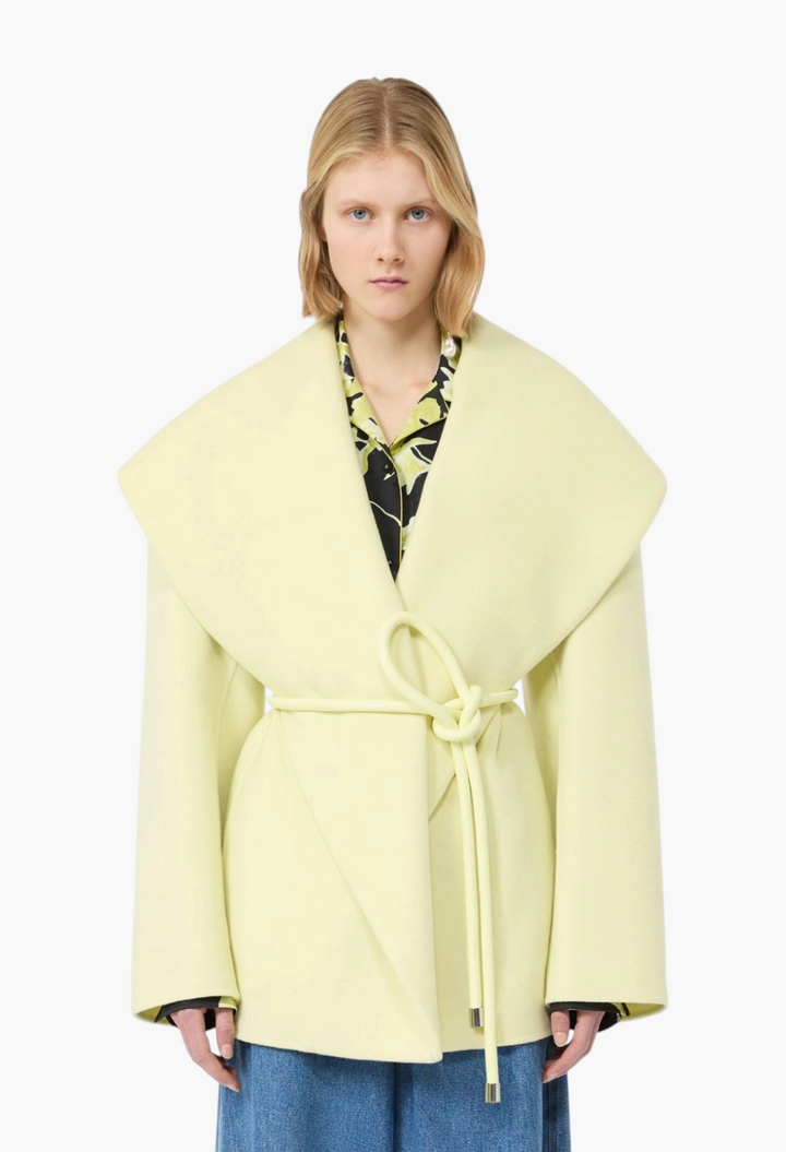 GLAM MODA pale yellow pure virgin wool jacket with a wide shawl collar and a tubular coated jersey waist belt