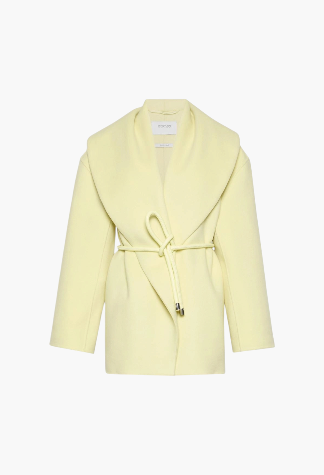 GLAM MODA pale yellow pure virgin wool double fabric jacket with a wide shawl collar and a tubular waist belt.