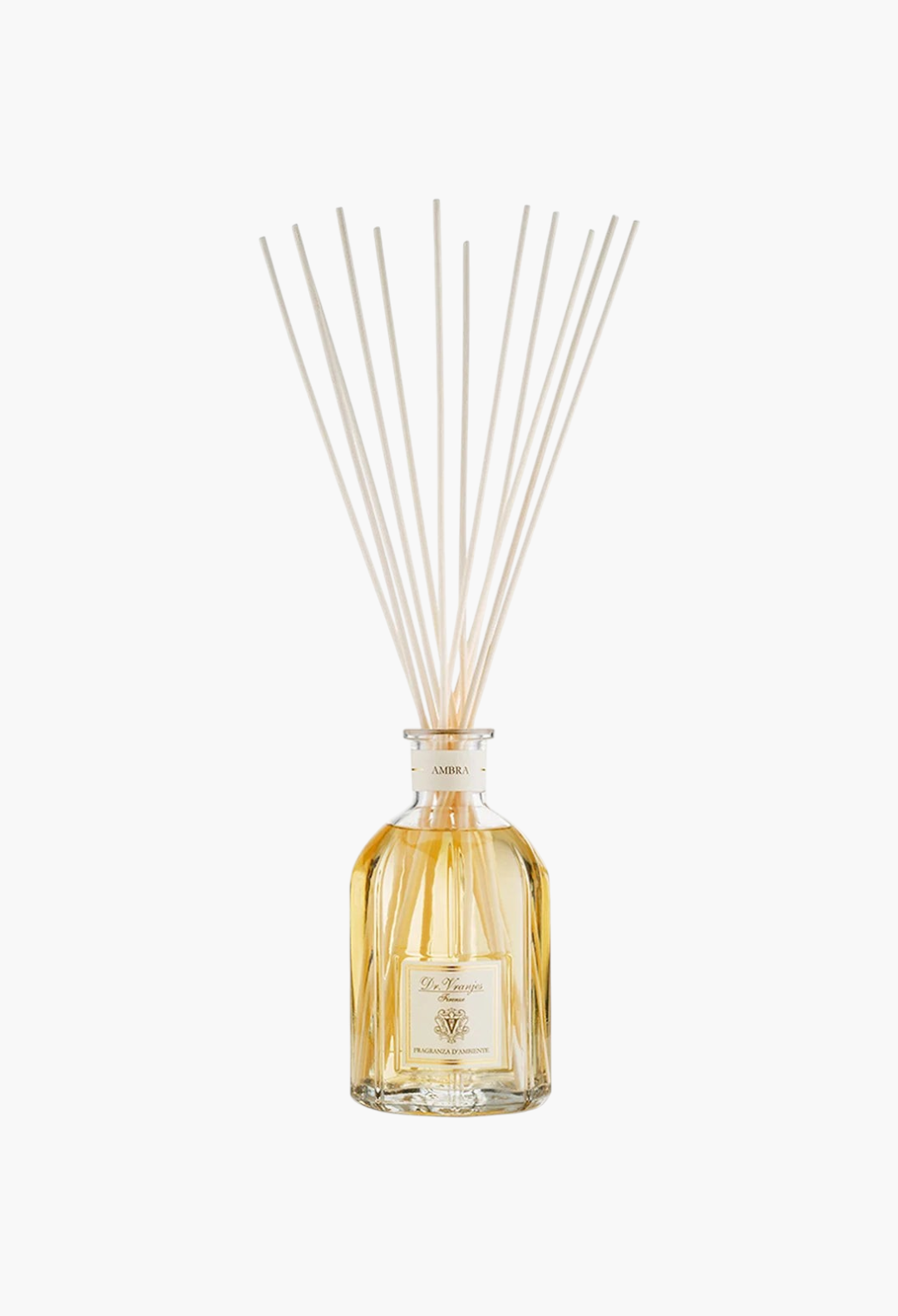 GLAM MODA Dr. Vranjes Ambra diffuser in a glass bottle with long reed sticks, featuring amber and sandalwood notes.