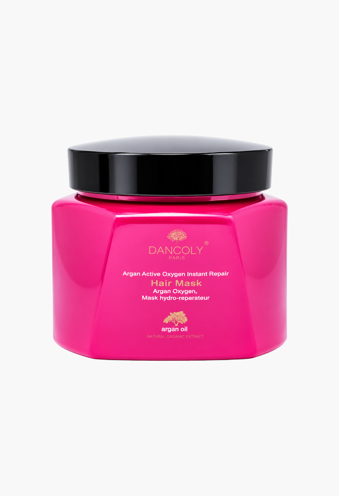 GLAM MODA Dancoly Argan Active Oxygen Instant Repair hair mask in a vibrant pink jar with a black lid.
