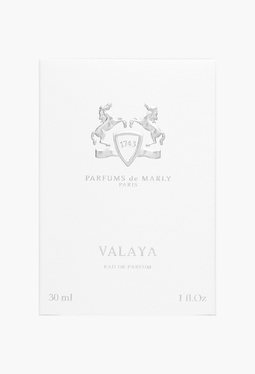 GLAM MODA Parfums de Marly Valaya Eau de Parfum white 30ml fragrance box with embossed silver horse logo