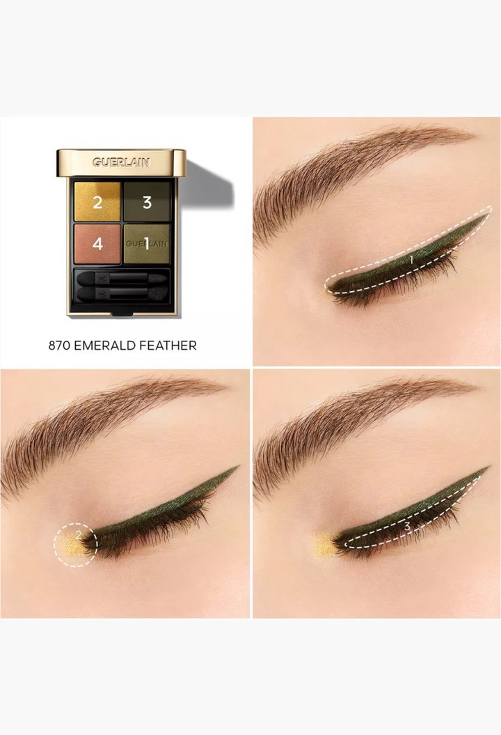 GLAM MODA Guerlain Ombres G Eyeshadow Quad in Undressed Brown with application steps on an eyelid