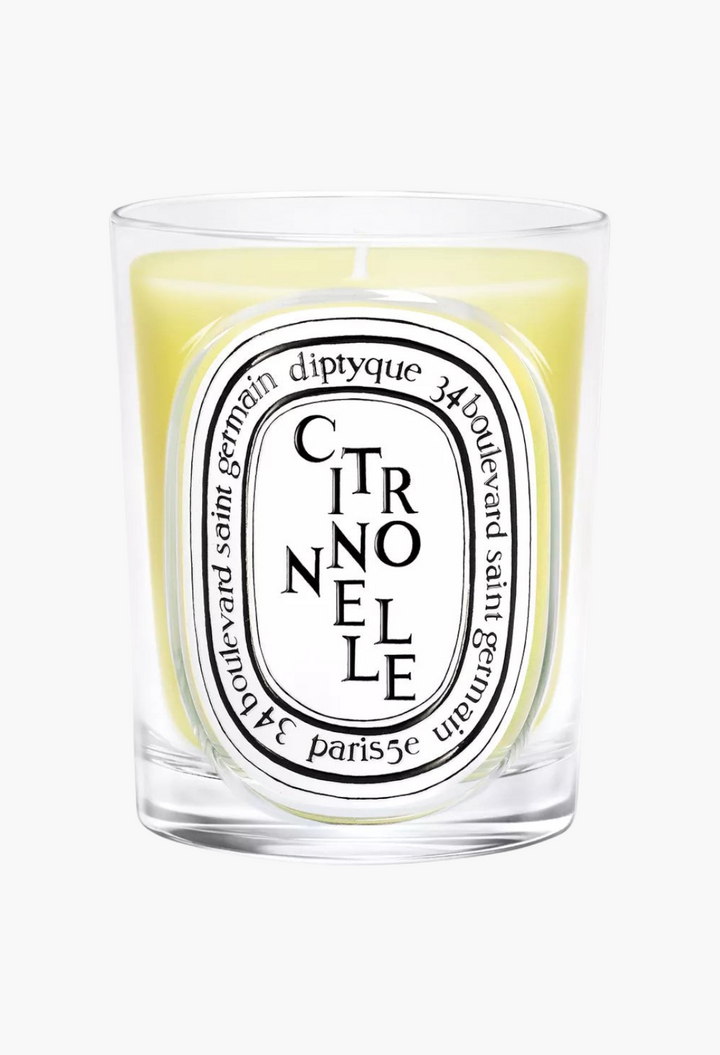 GLAM MODA Citronnelle Classic Candle in a clear glass jar with a yellow wax and illustrated label.