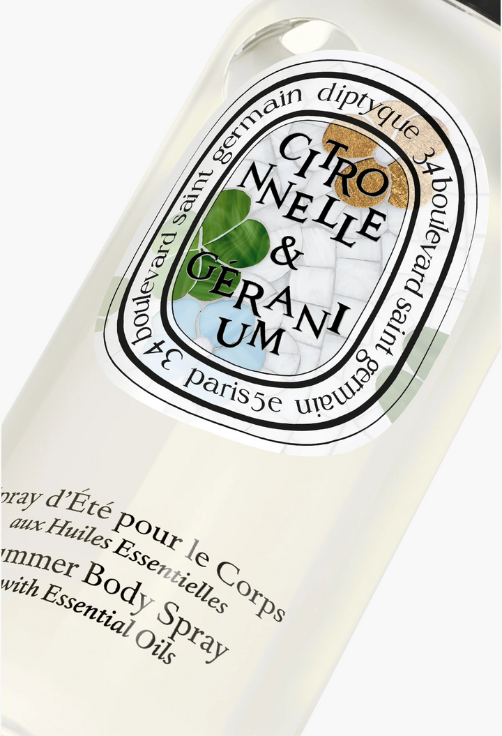 GLAM MODA Diptyque Citronnelle & Geranium summer body spray in a 100ml clear glass bottle with a botanical label.