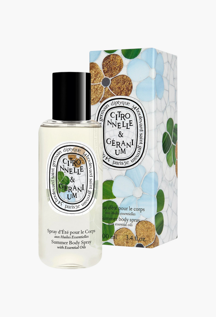 GLAM MODA Diptyque Citronnelle & Geranium summer body spray in a 100ml glass bottle with floral patterned box.