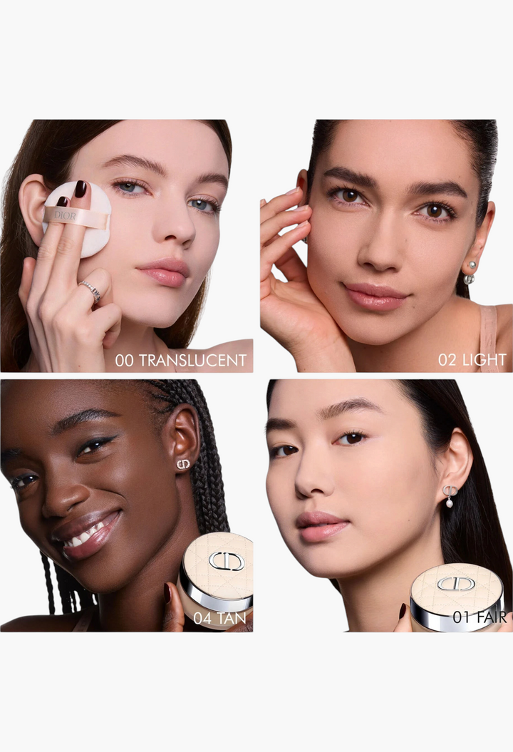 GLAM MODA Dior Forever On Set Powder shades shown on four diverse models with a soft-focus matte finish.