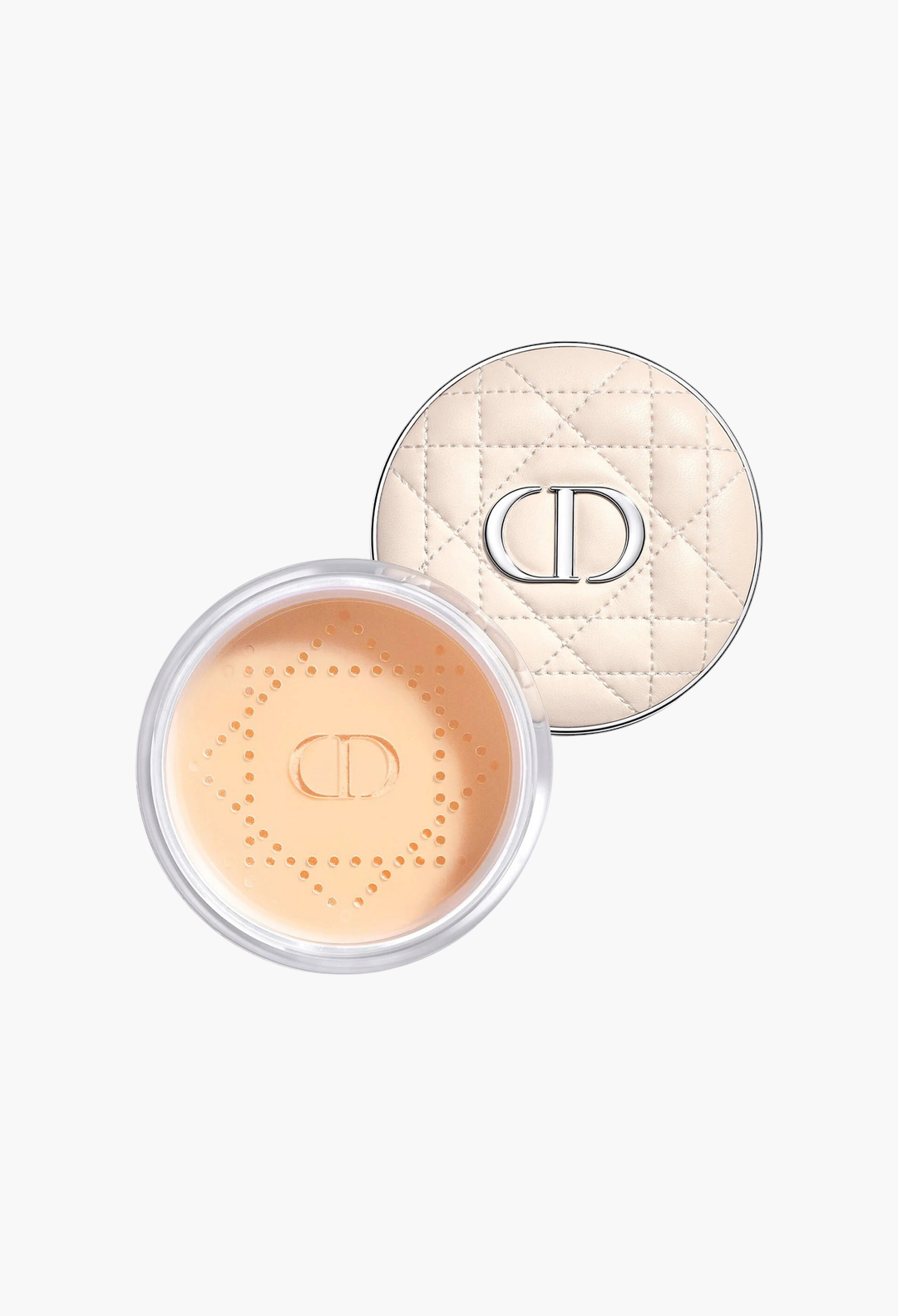 GLAM MODA Dior Forever On Set Powder in a round container with a quilted beige lid and visible loose setting powder.