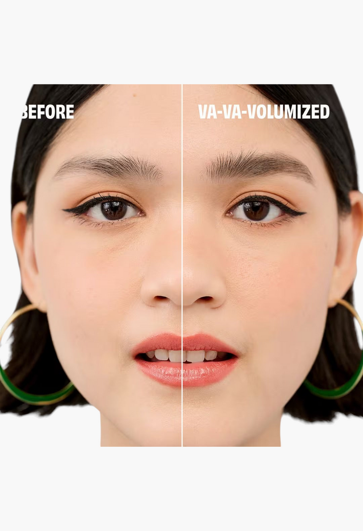 GLAM MODA before and after comparison of Benefit Gimme Brow+ tinted volumizing eyebrow gel on a woman's eyebrows