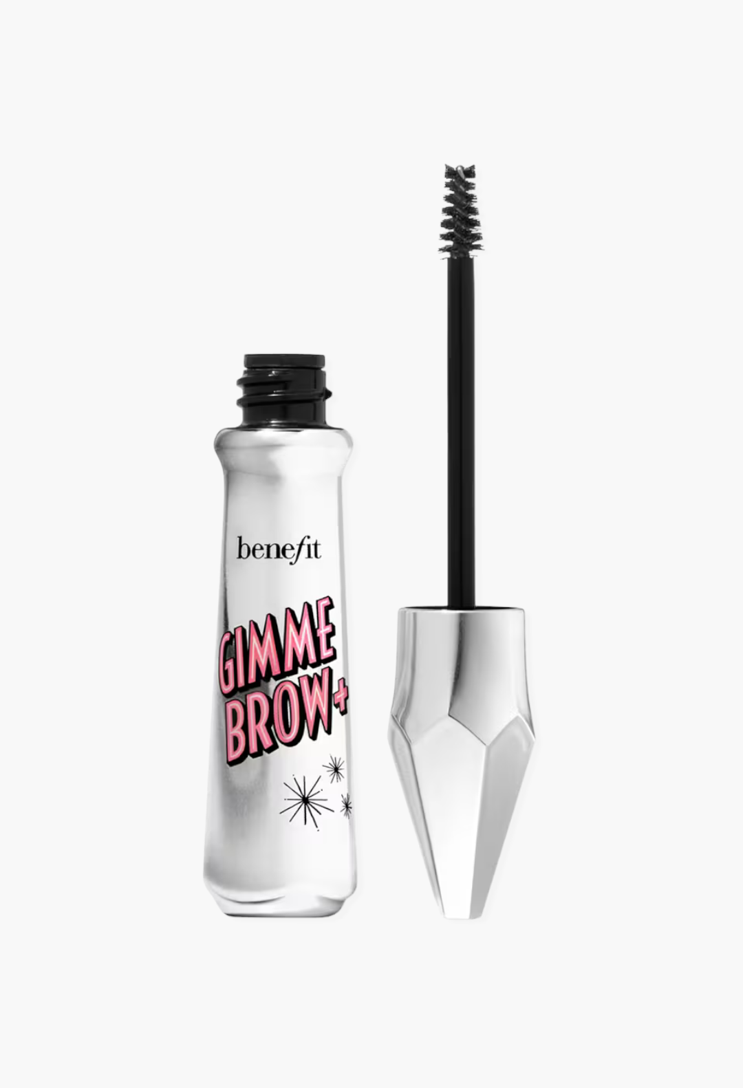 GLAM MODA Benefit Gimme Brow+ tinted volumizing eyebrow gel with a tapered applicator brush in a silver metallic tube