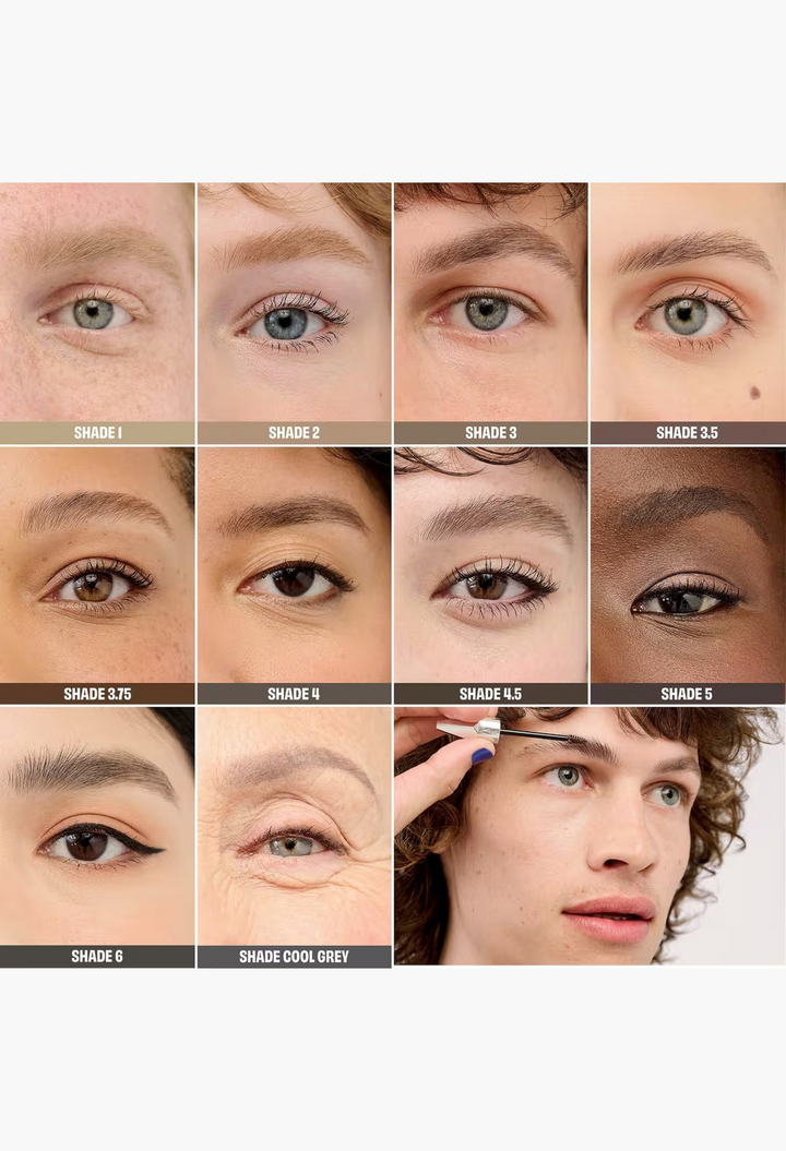 GLAM MODA Gimme Brow+ tinted volumizing eyebrow gel showing various shades on diverse skin tones and application