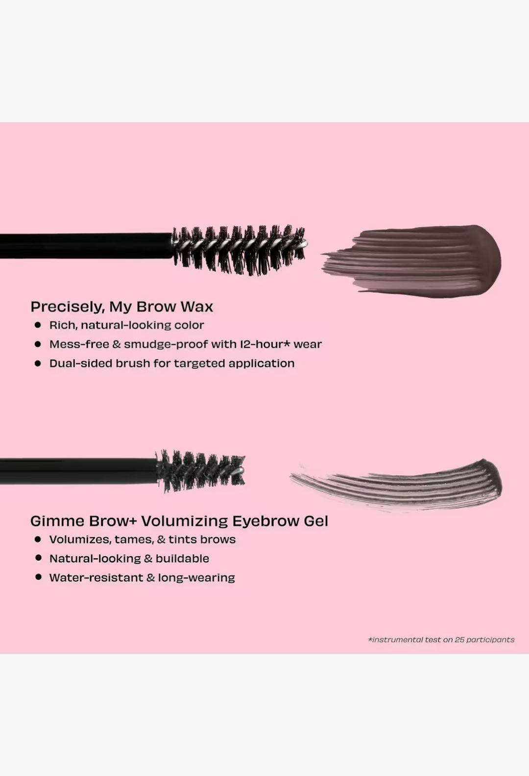 GLAM MODA comparison of Precisely, My Brow Wax and Gimme Brow+ Tinted Volumizing Eyebrow Gel with applicator brushes.
