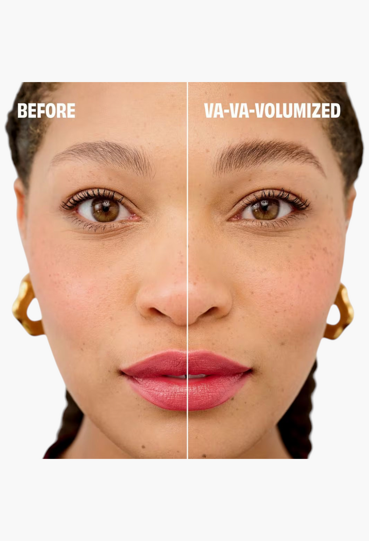 GLAM MODA before and after comparison of Benefit Gimme Brow+ tinted volumizing eyebrow gel on a woman's face