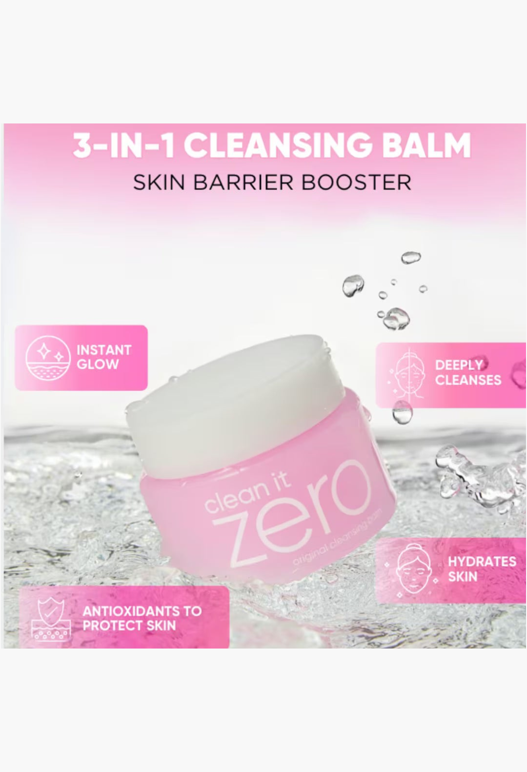 GLAM MODA Clean It Zero Original Cleansing Balm in a pink jar with a white lid, surrounded by ice-like accents.