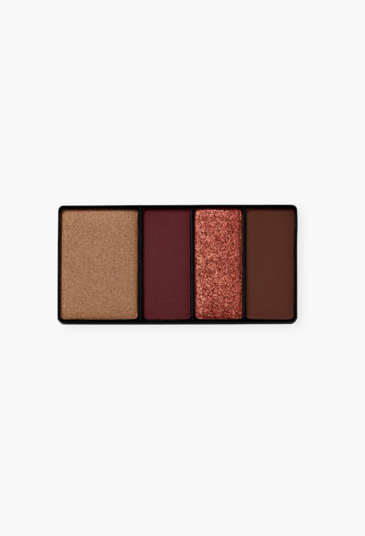 GLAM MODA Eye Wardrobe eyeshadow palette featuring four warm-toned shades in matte, shimmer, and metallic finishes.