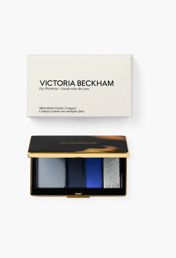 GLAM MODA Eye Wardrobe multi-finish eyeshadow palette featuring four blue and silver shades in a luxury brass compact.