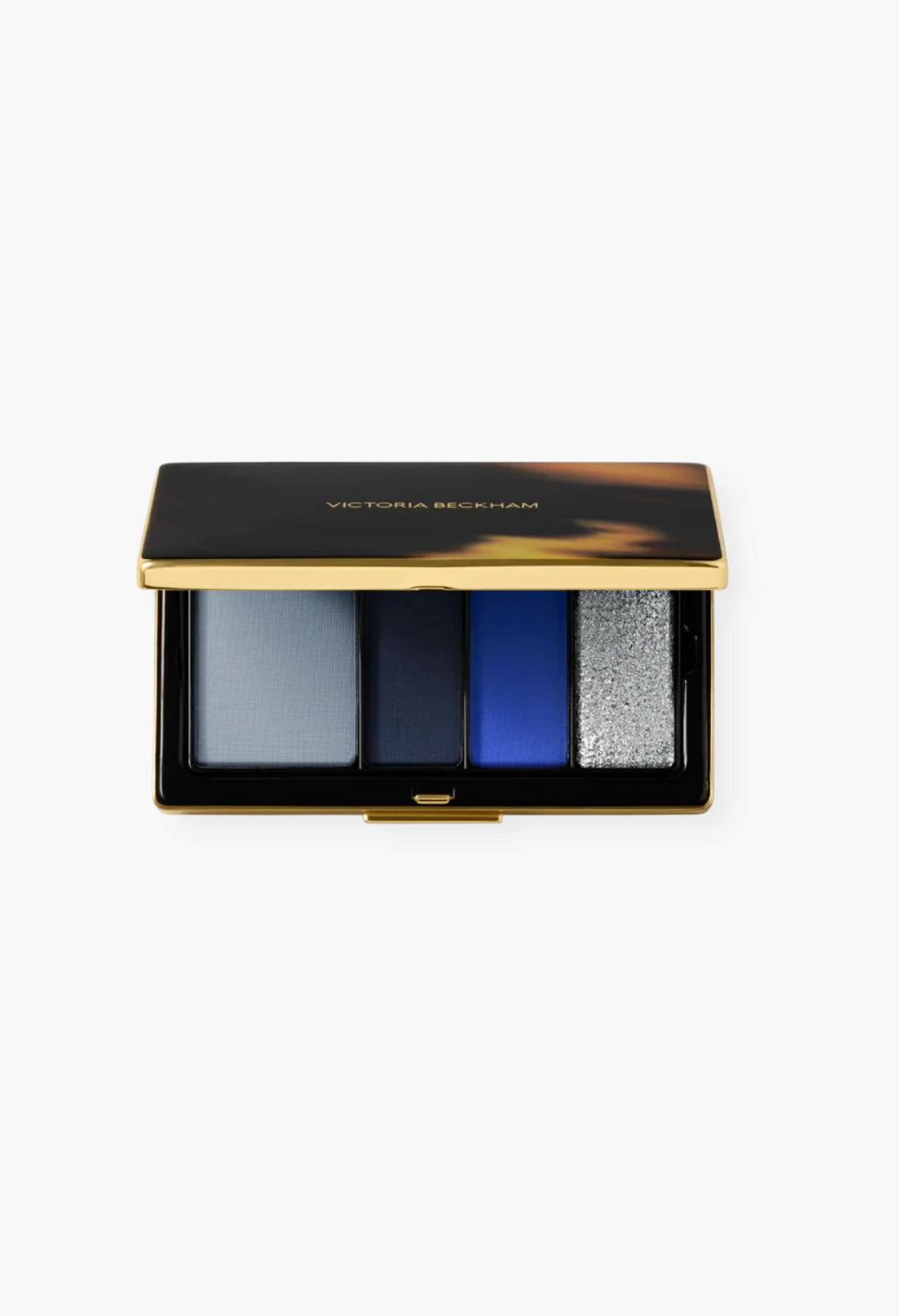 GLAM MODA Eye Wardrobe eyeshadow palette in Navy Noir featuring four blue and silver shades in a luxury brass compact