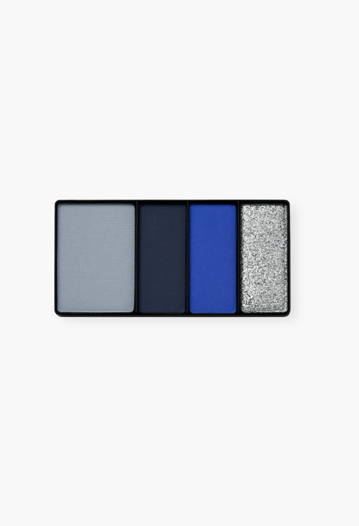 GLAM MODA Eye Wardrobe eyeshadow palette featuring four shades in blue, navy, and silver with matte and shimmer finishes