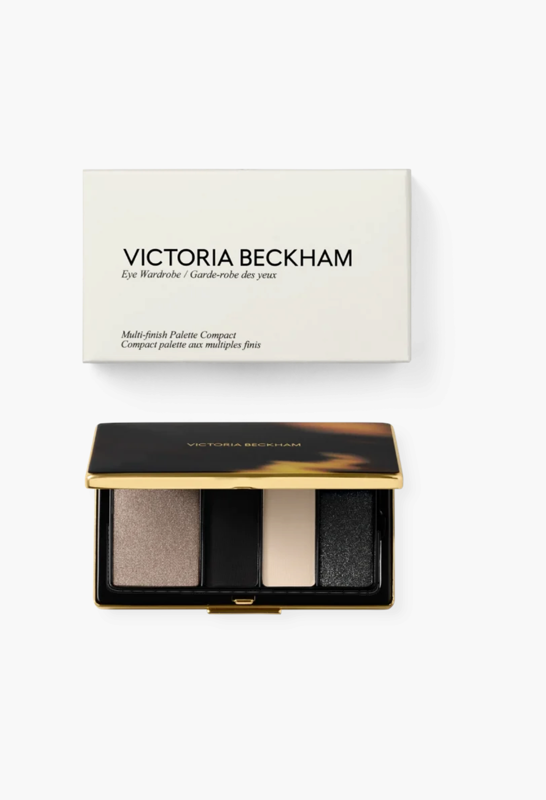 GLAM MODA Victoria Beckham Eye Wardrobe eyeshadow palette with four neutral shades in a luxury refillable compact.