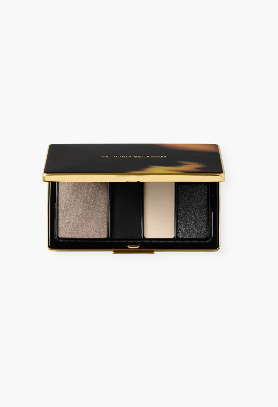 GLAM MODA Eye Wardrobe eyeshadow palette in Night Flash featuring four neutral brown and beige shades in a gold case.