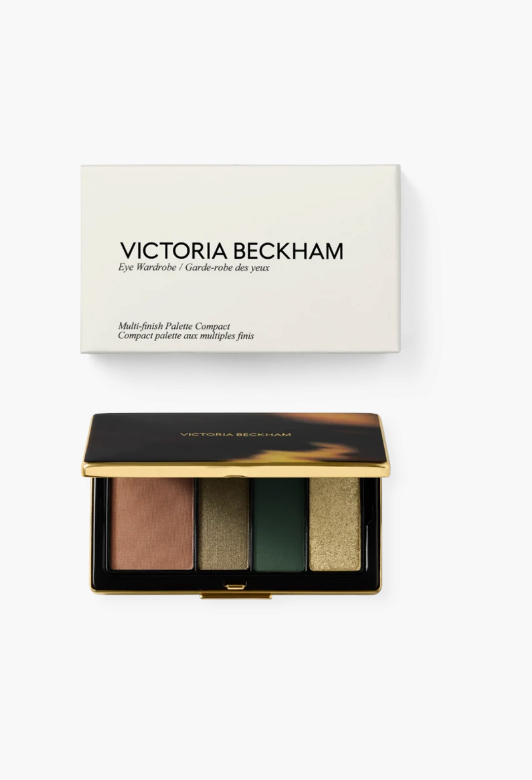 GLAM MODA Eye Wardrobe multi-finish eyeshadow palette in a luxury brass compact with four green and brown shades