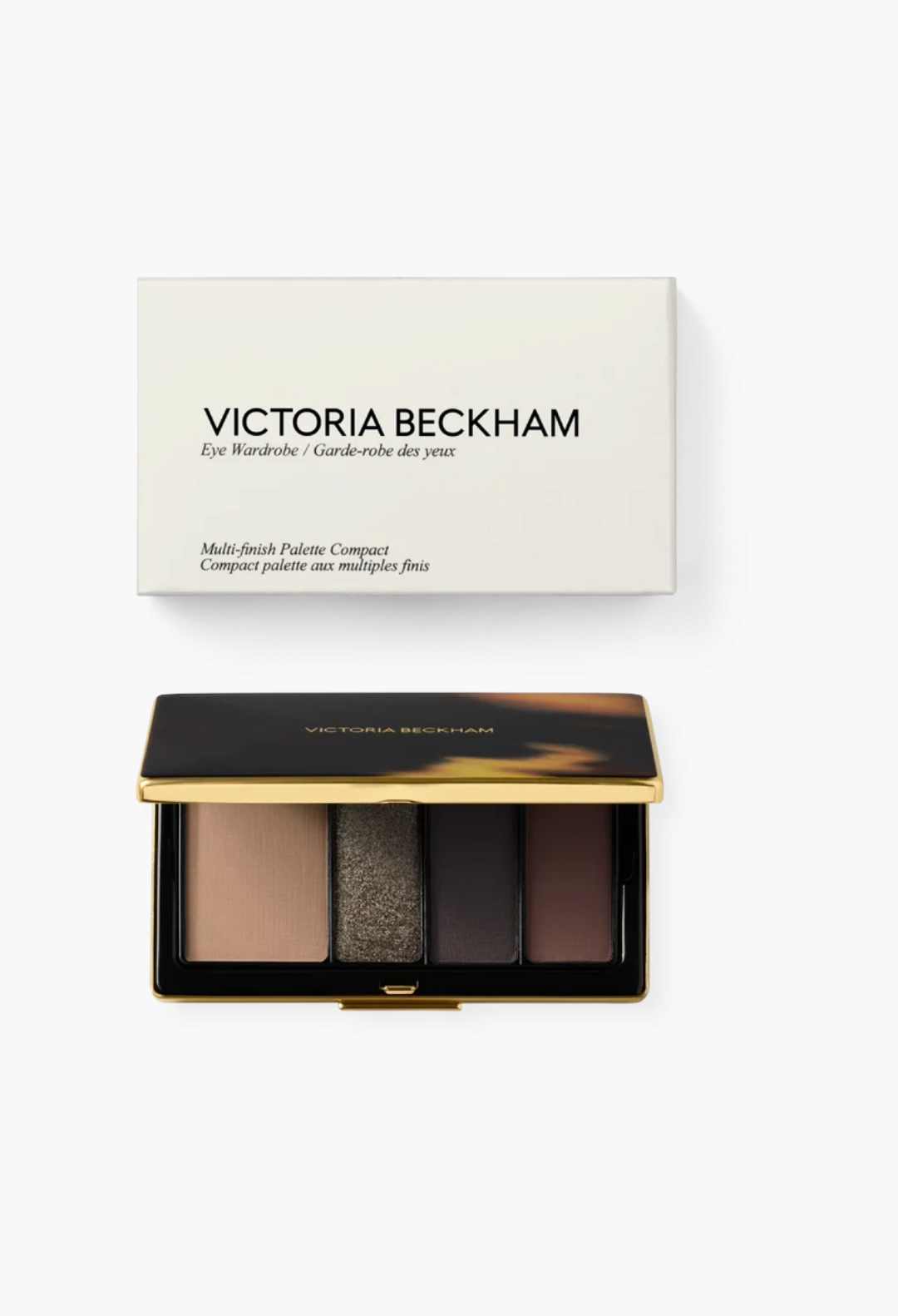 GLAM MODA Eye Wardrobe eyeshadow palette in Night Flash with four neutral brown shades and a luxury brass compact.