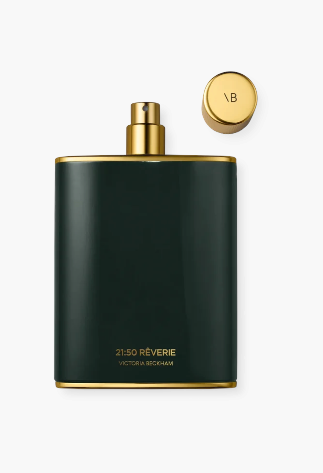 GLAM MODA 21:50 Rêverie Eau de Parfum in a dark green rectangular bottle with gold trim and a matching gold cap.
