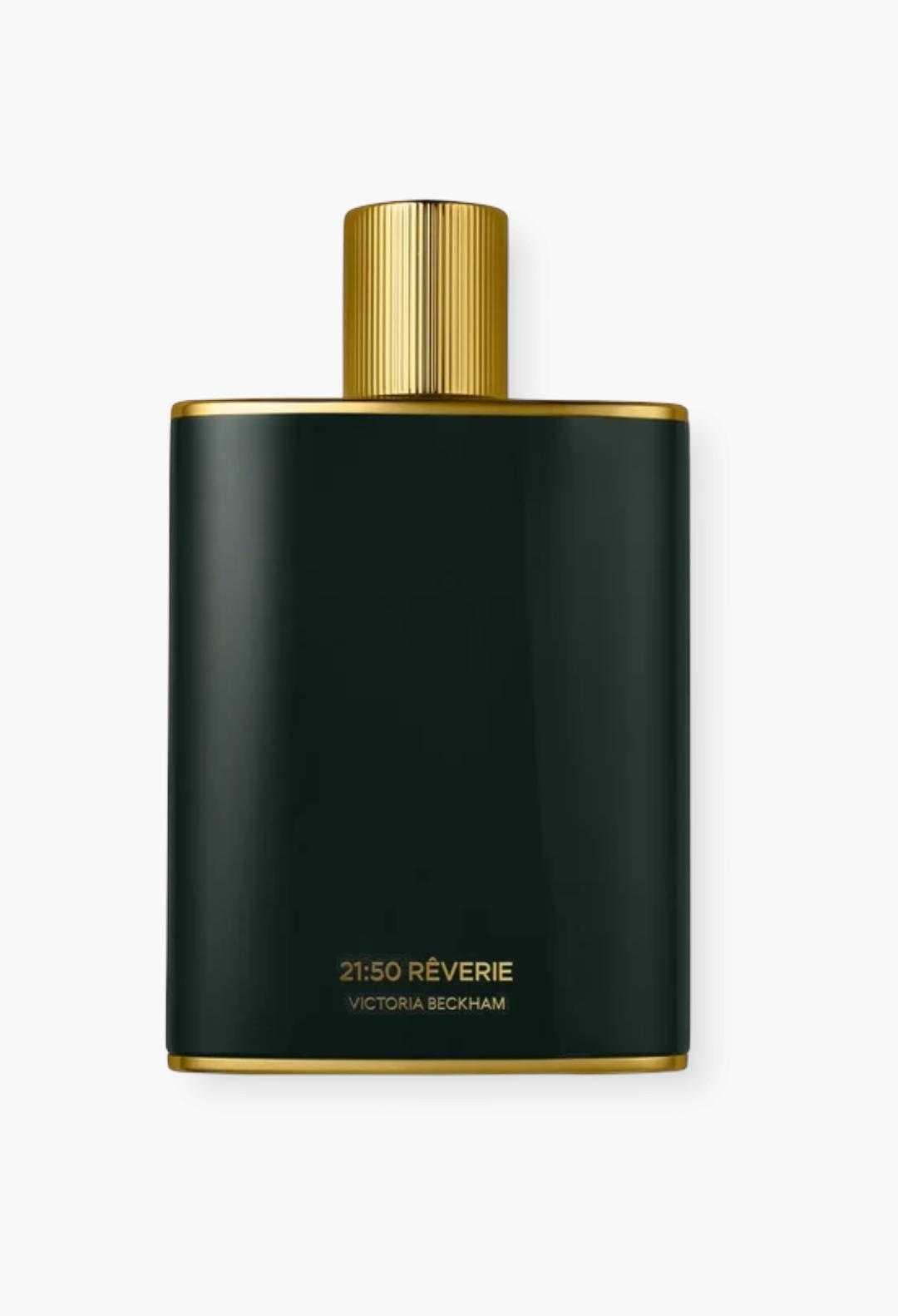 GLAM MODA 21:50 Rêverie Eau de Parfum in a sleek dark green bottle with gold trim and a ribbed gold cap.