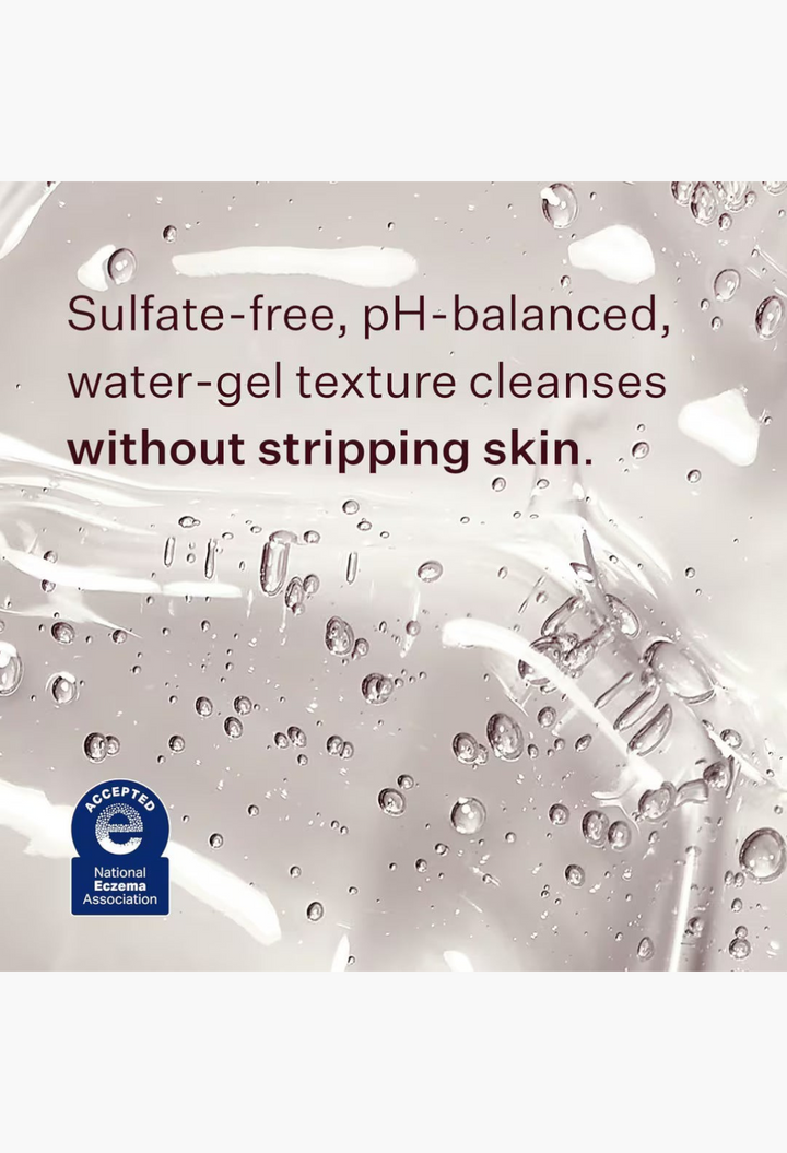 GLAM MODA Power Calm Hydrating Gel Cleanser texture showing clear water-gel consistency with bubbles and NEA seal