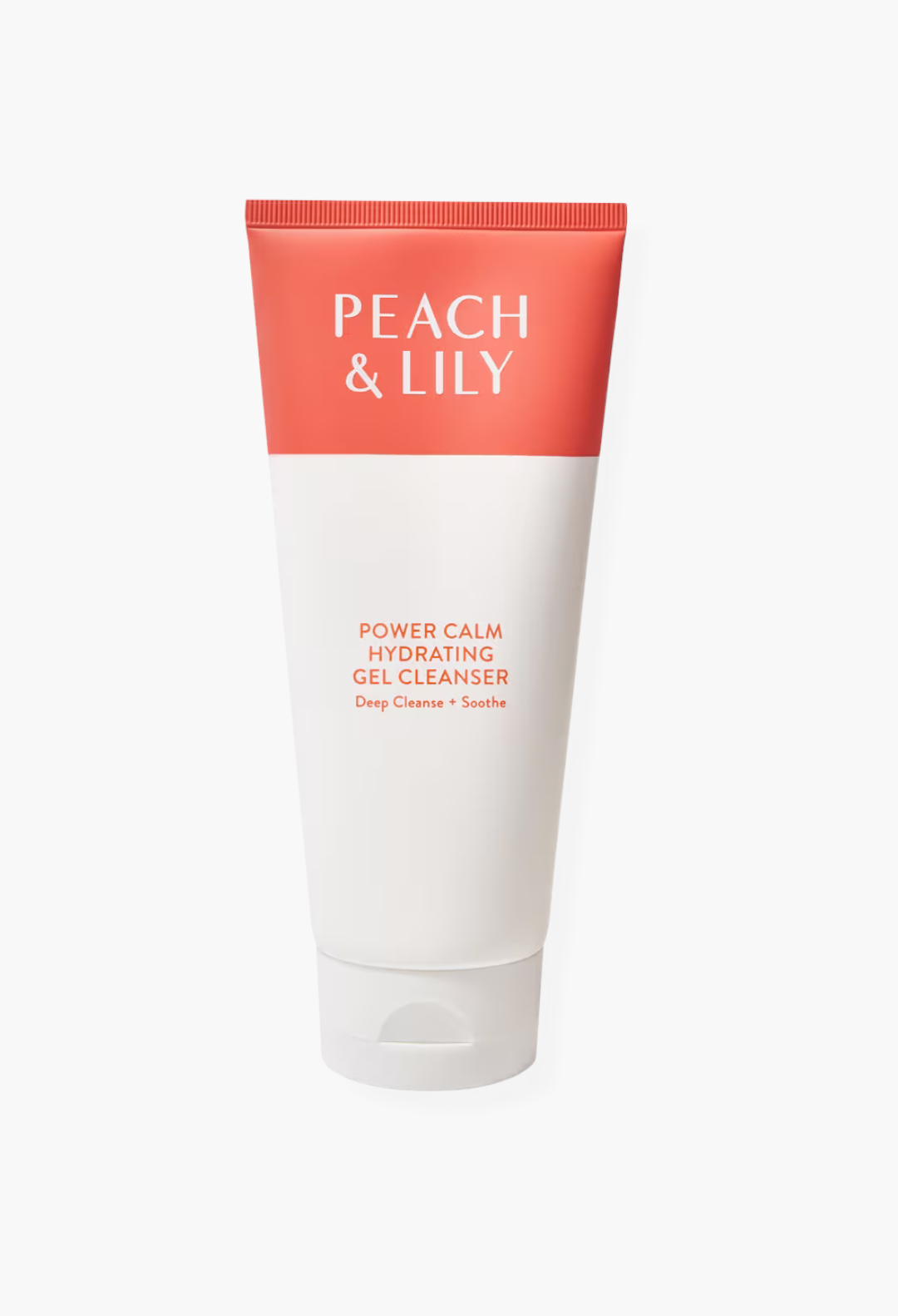 GLAM MODA Peach & Lily Power Calm Hydrating Gel Cleanser in a white and coral squeeze tube for gentle face cleansing.