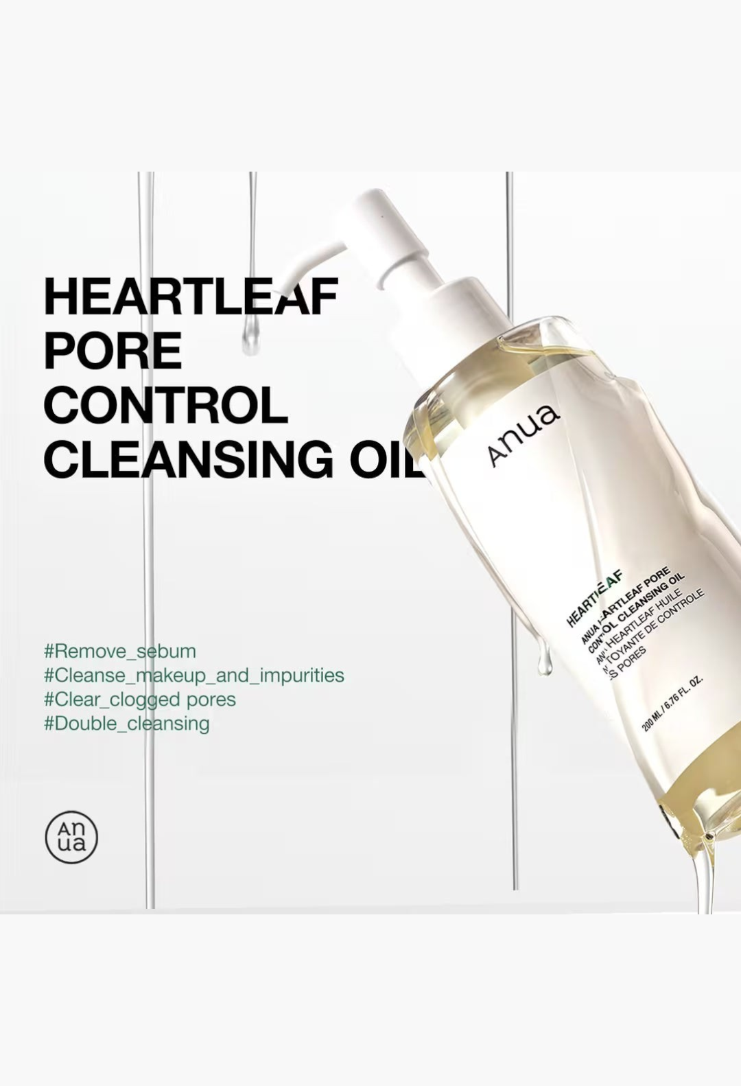 GLAM MODA Anua Heartleaf Pore Control Cleansing Oil in a clear pump bottle for removing makeup and excess sebum.