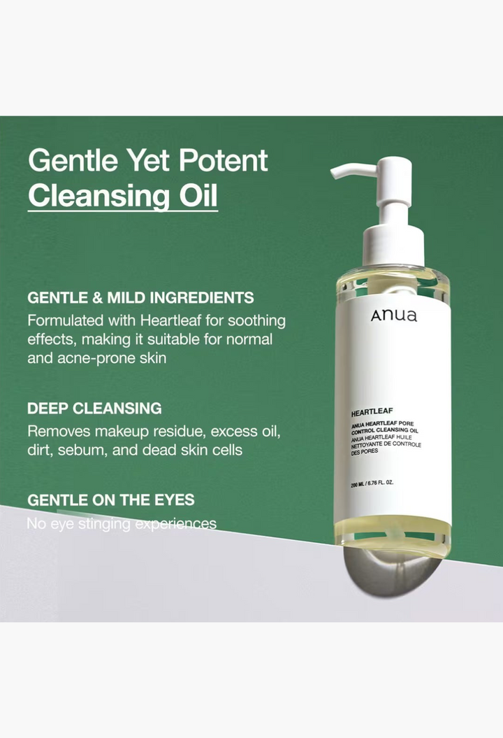GLAM MODA Anua Heartleaf Pore Control Cleansing Oil in a clear pump bottle for removing makeup and excess sebum.