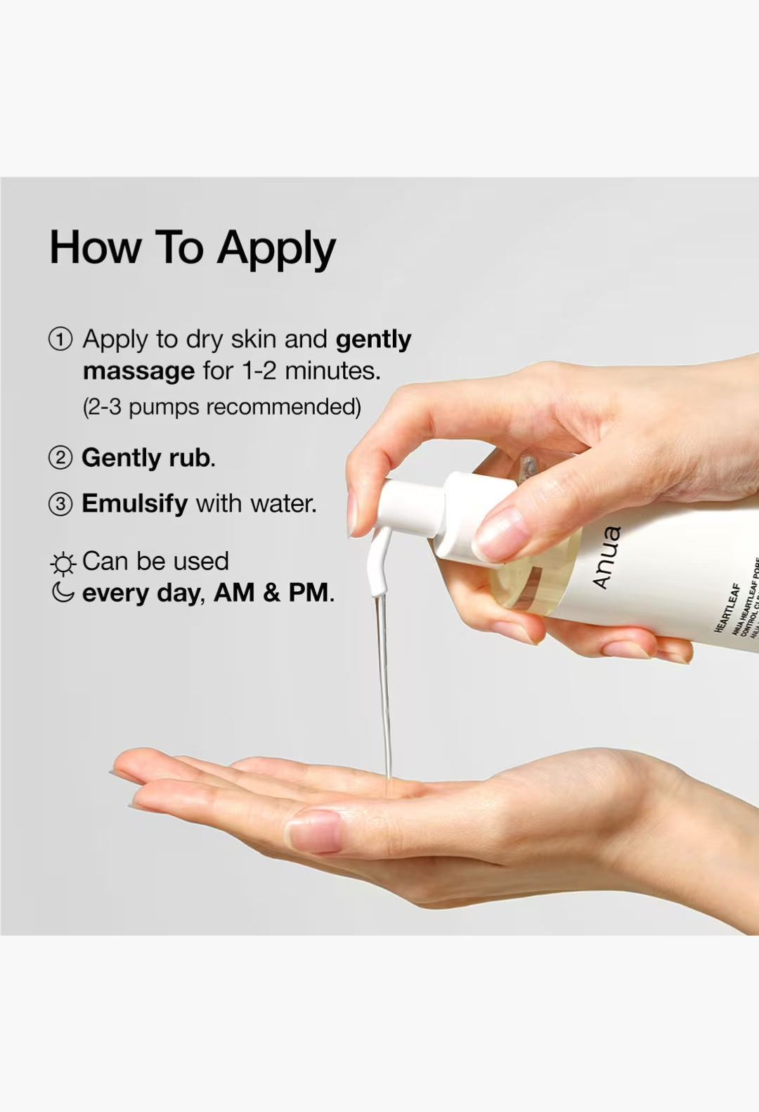 GLAM MODA Anua Heartleaf Pore Control Cleansing Oil being dispensed onto a hand with application instructions
