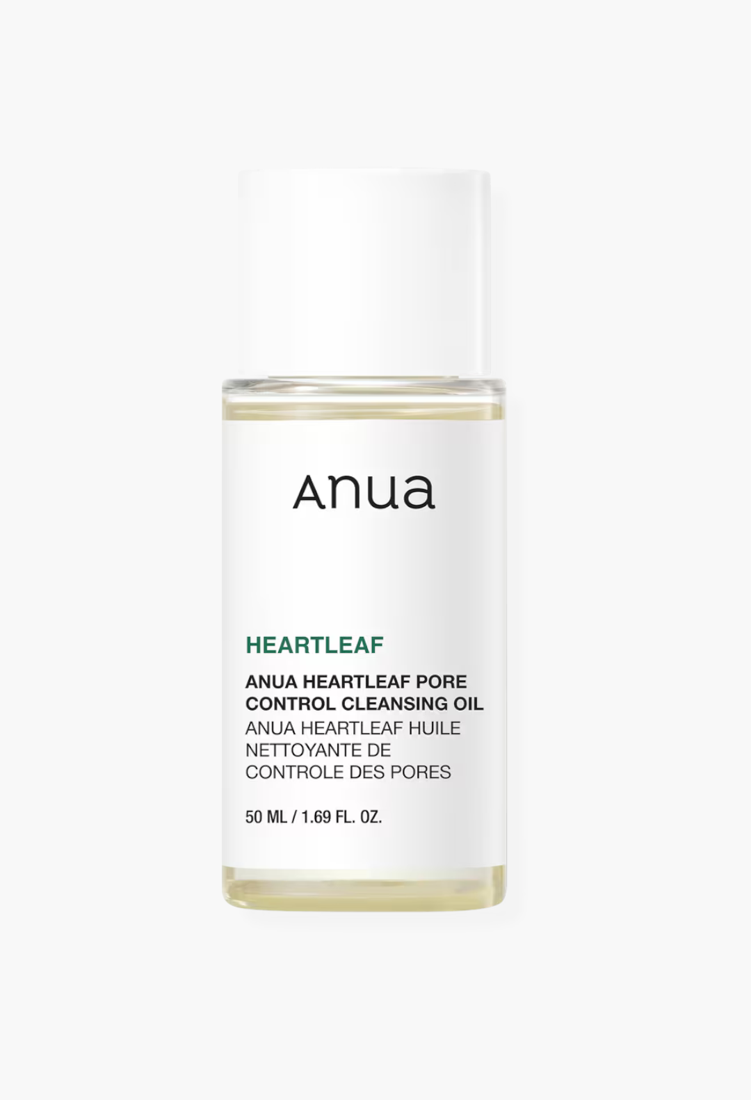GLAM MODA Anua Heartleaf Pore Control Cleansing Oil in a clear 50ml bottle for gentle makeup and sebum removal.