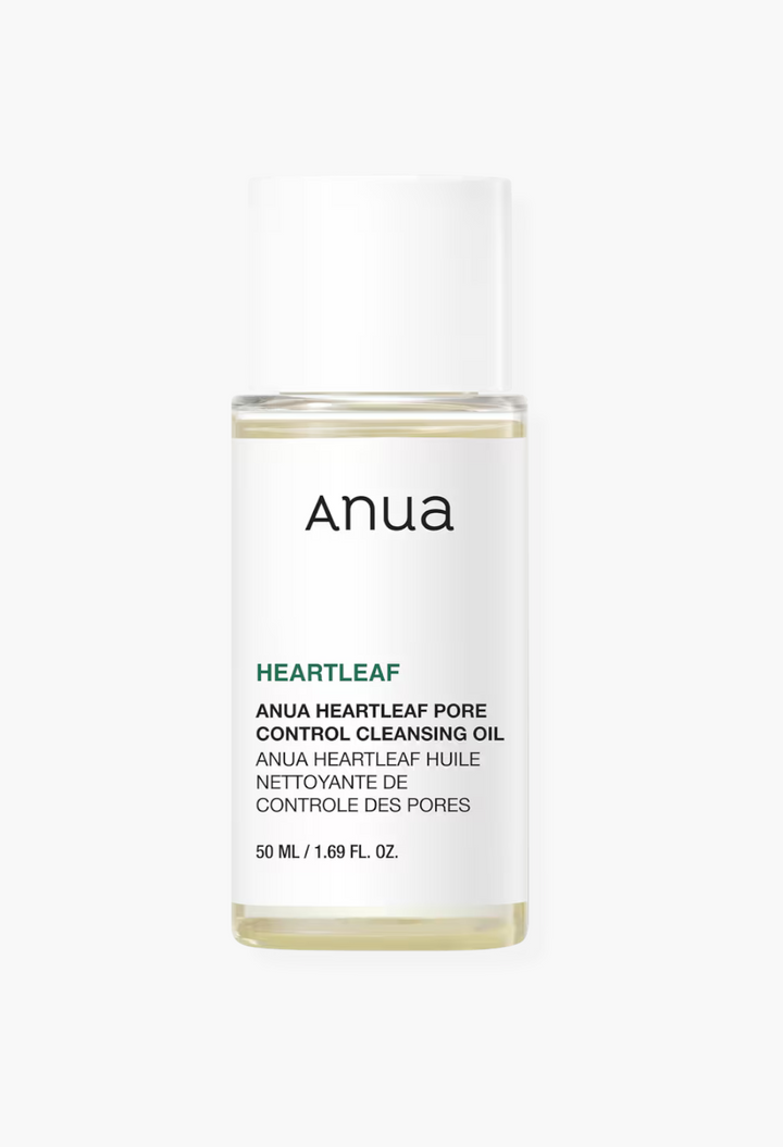GLAM MODA Anua Heartleaf Pore Control Cleansing Oil in a clear 50ml bottle for gentle makeup and sebum removal.