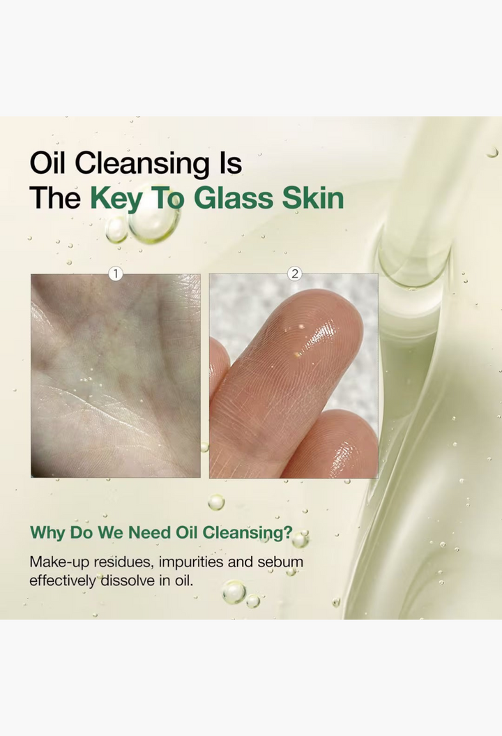 GLAM MODA Heartleaf Pore Control Cleansing Oil texture demonstration showing oil dissolving impurities on skin