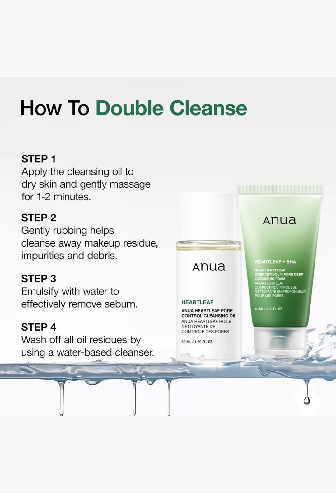 GLAM MODA Anua Heartleaf cleansing oil and pore deep foam cleanser with double cleansing instructions on white background