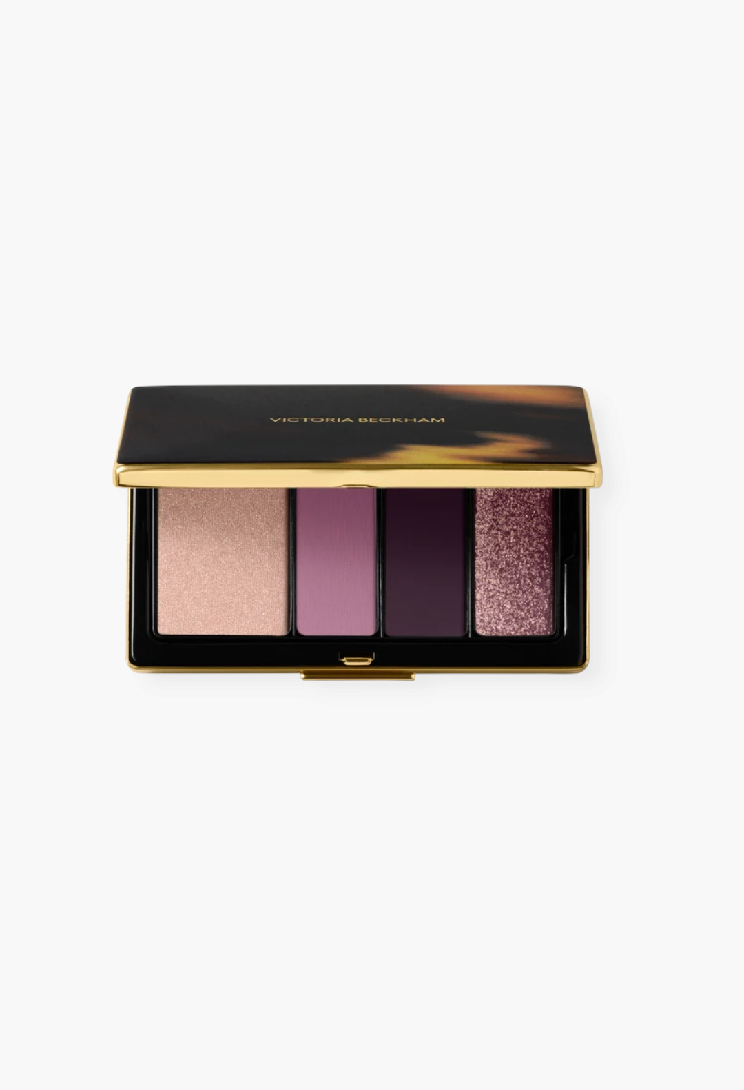GLAM MODA Eye Wardrobe eyeshadow palette featuring four purple and neutral shades in a luxury refillable brass compact